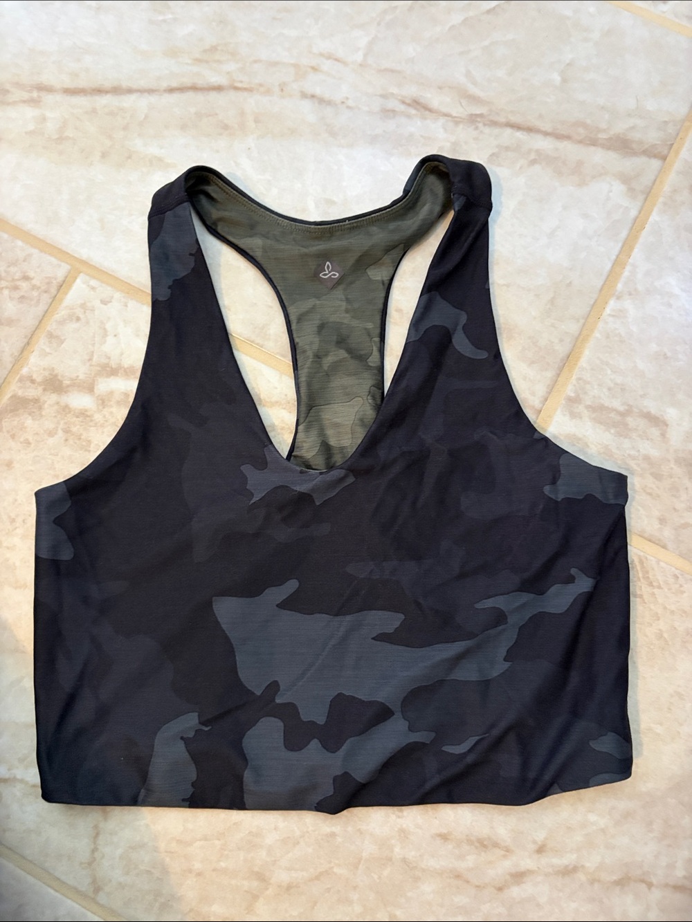 Prana Black & Olive Camo Racerback Reversible  Crop Top